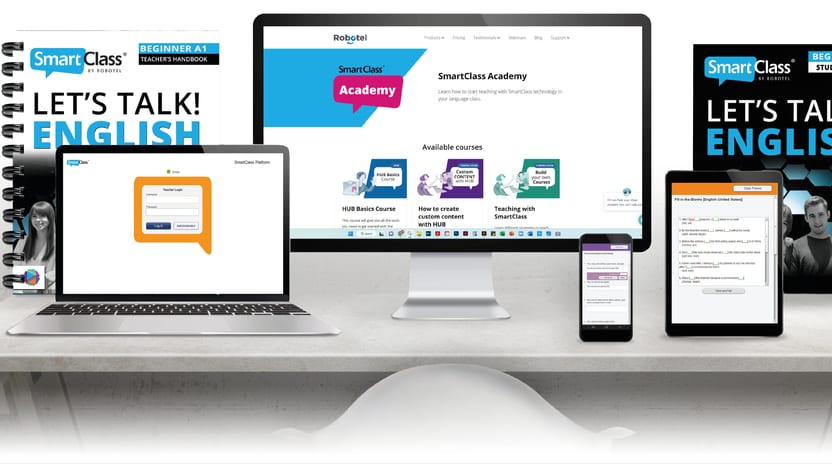 Laboratorio de idiomas con puestos individuales, audífonos y el software de práctica en pantalla