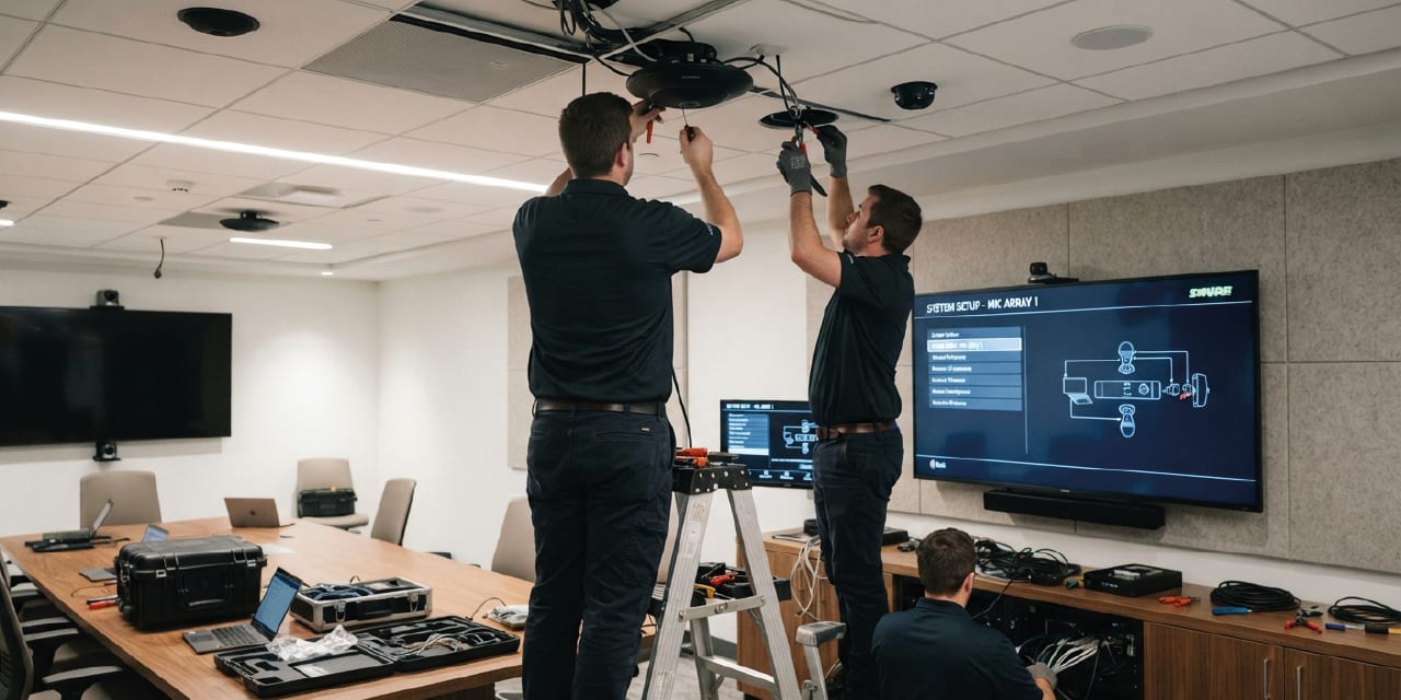 Dos técnicos de Grupo Edutec instalando un micrófono de arreglo en el techo de una sala de juntas, con la pantalla mostrando la configuración del sistema